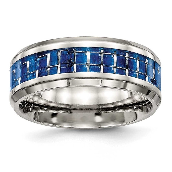 Stainless Steel Polished Blue/White Carbon Fiber Inlay Ring (8 mm) - Sizes 7 - 13