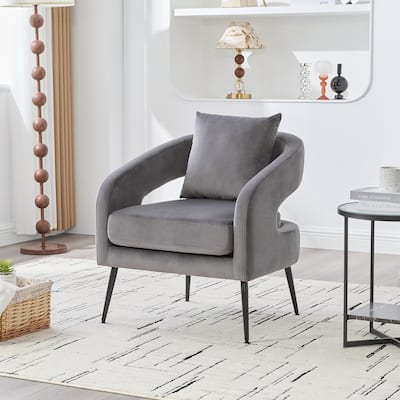 Modern Velvet Open Back Accent Chair Barrel Dining Chair Metal Legs Charcoal Living Room
