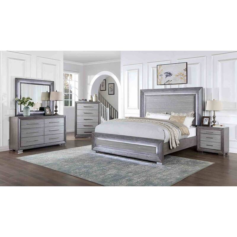 Gray Finish Transitional Bedroom Furniture Set with LED Headboard USB Ports Nightstand