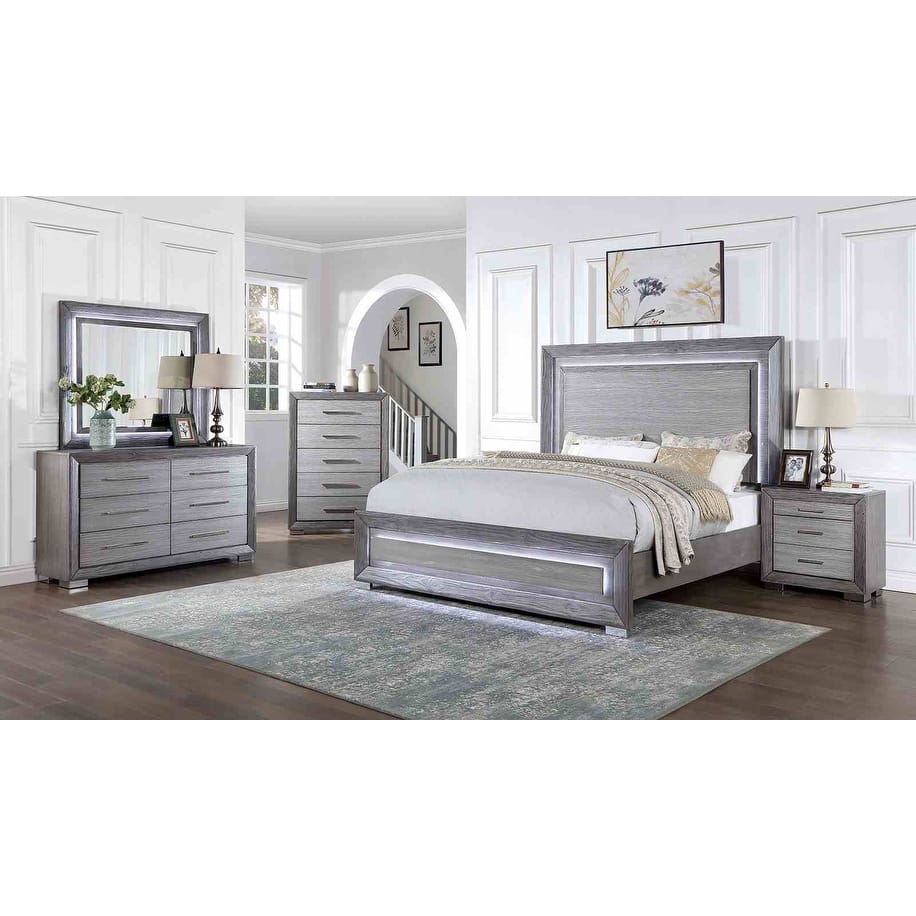 Gray Finish Transitional Bedroom Furniture Set with LED Headboard USB Ports Nightstand