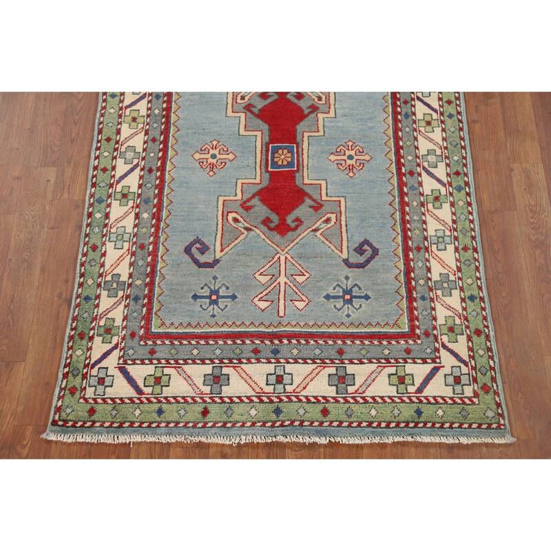 Light Blue Geometric Kazak Accent Rug Handmade Wool Carpet - 3'3" x 4'11"