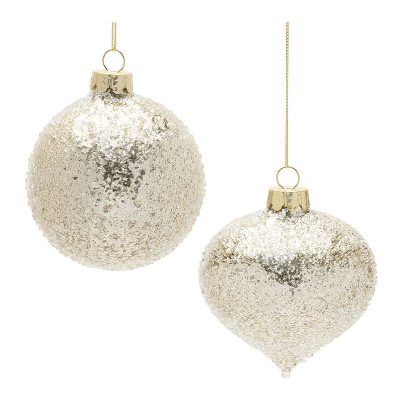 Beaded Glass Ball and Onion Christmas Ornaments - 3.5" - Silver and Gold - 12ct