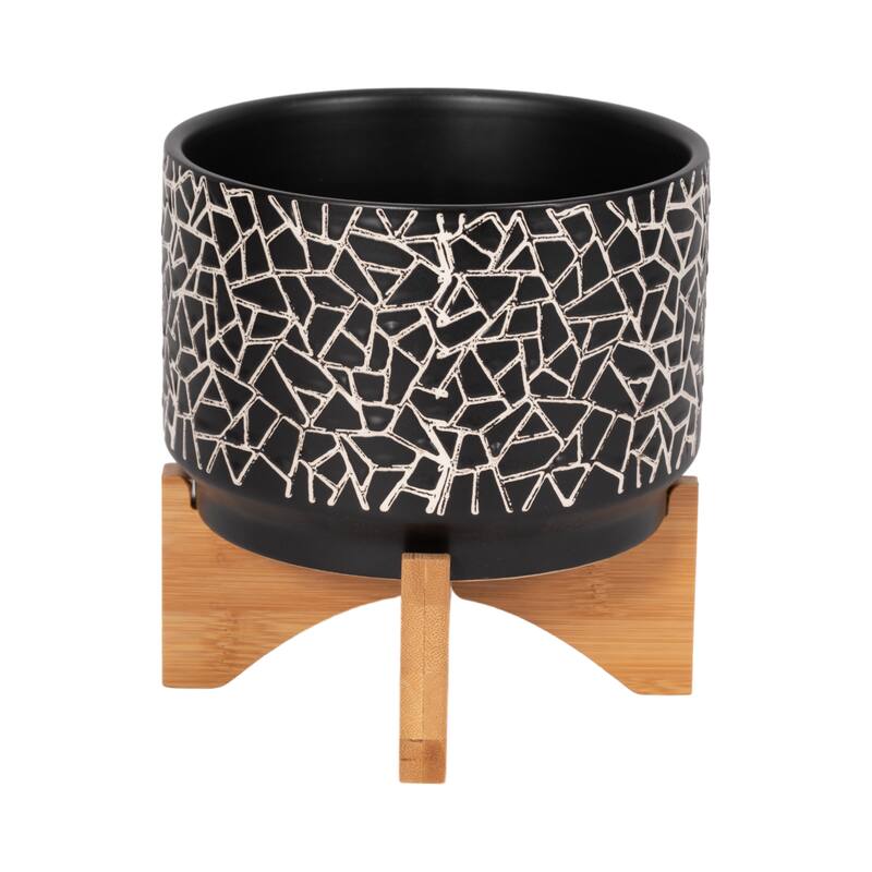7" Crackled Planter with Wood Stand, Black 8"H - 7.0" x 7.0" x 8.0" - 7" x 7" x 8" - Crackled Black - 7" x 7" x 8"