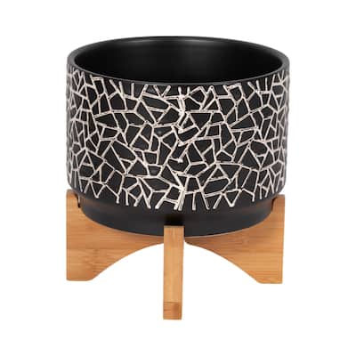 7" Crackled Planter with Wood Stand, Black 8"H - 7.0" x 7.0" x 8.0" - 7" x 7" x 8"
