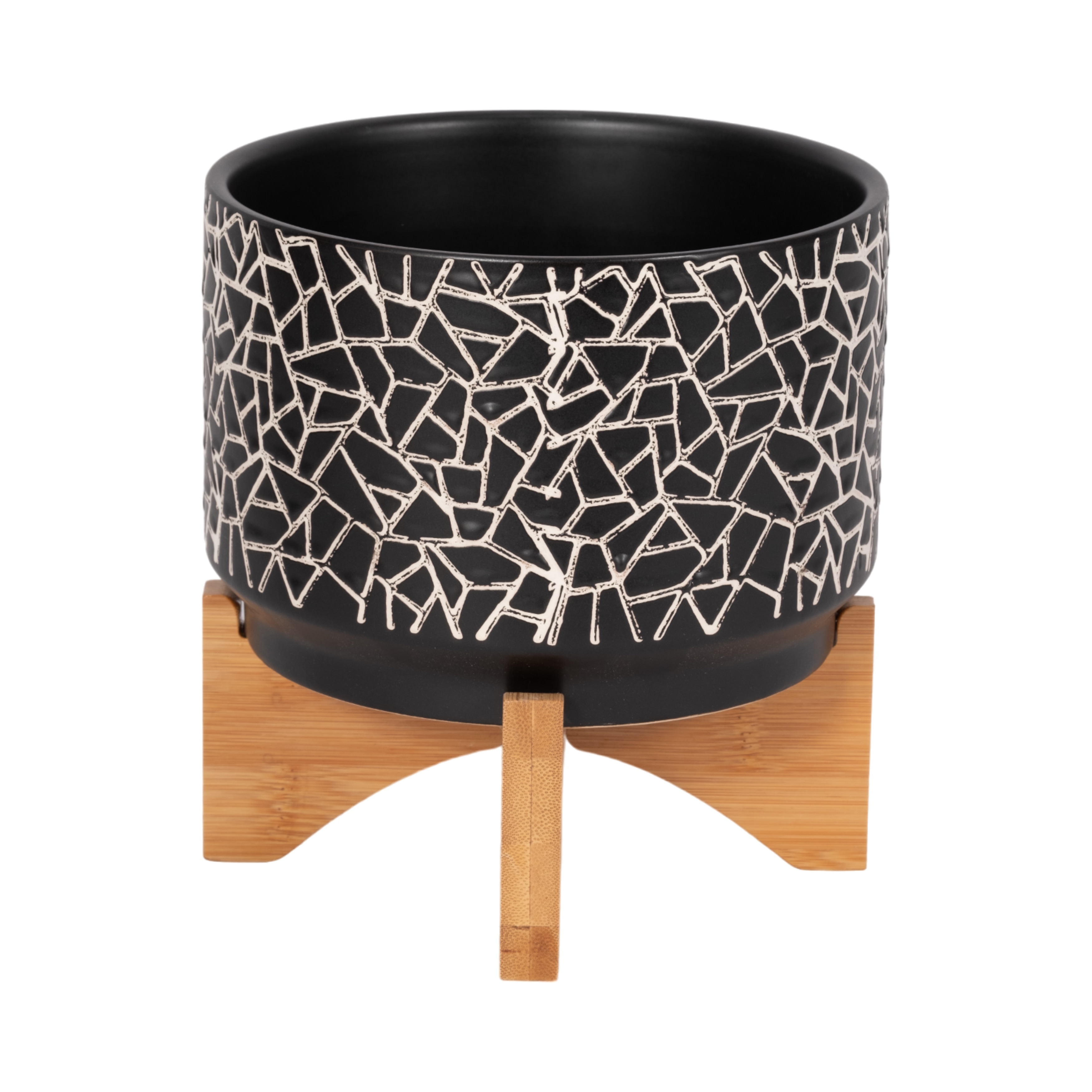 7" Crackled Planter with Wood Stand, Black 8"H - 7.0" x 7.0" x 8.0" - 7" x 7" x 8"