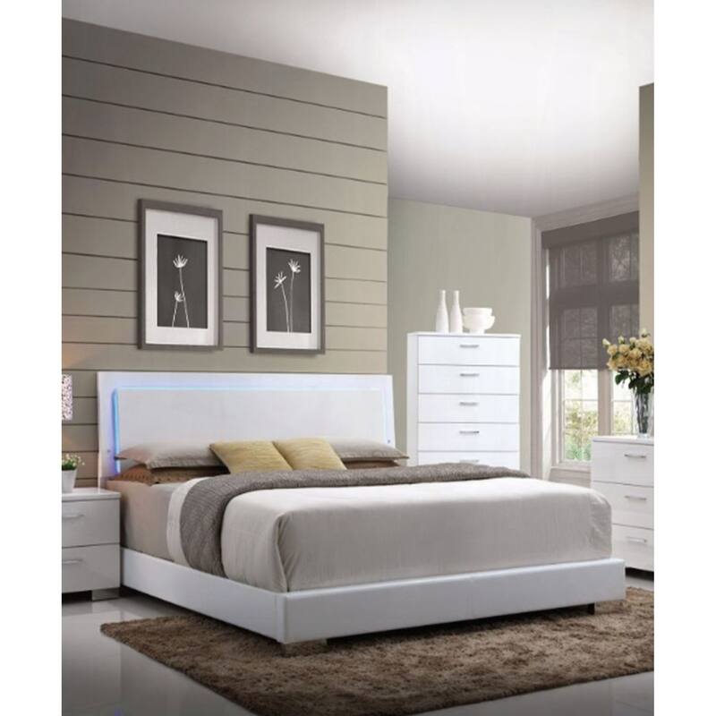 White Synthetic Leather and White Leg Queen Bed - White - Queen