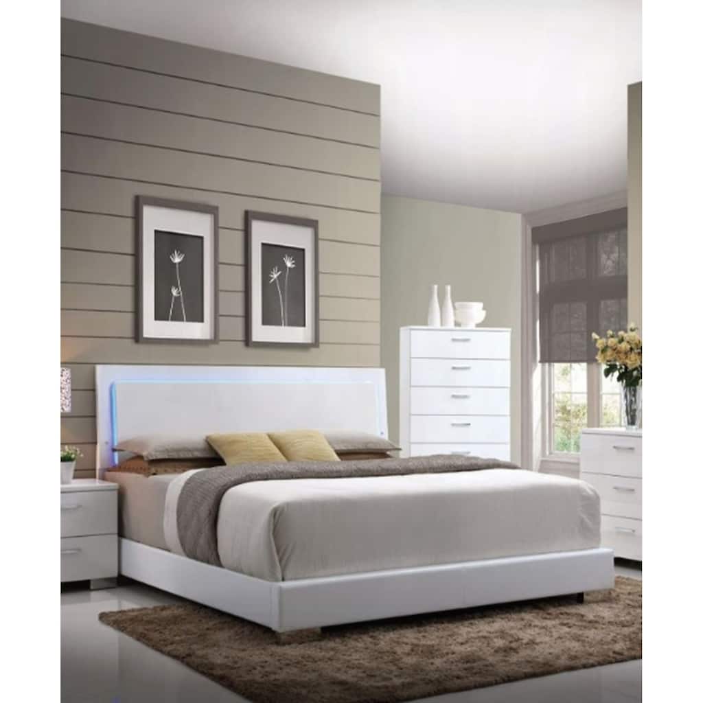 White Synthetic Leather and White Leg Queen Bed