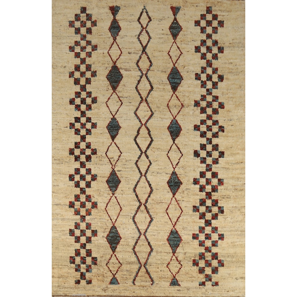 Geometric Moroccan Oriental Area Rug Hand-Knotted Beige Wool Carpet - 6'6" x 9'7"