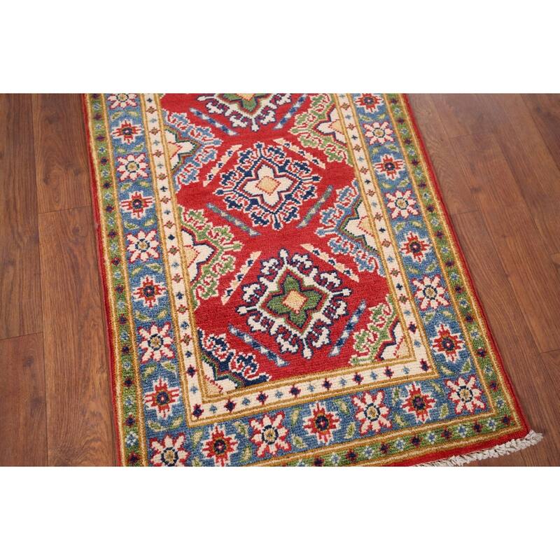 Hand Knotted Oriental 100% Wool Carpet Traditional Geometric Red Kazak Area Rug - 3' 0'' X 1' 10''