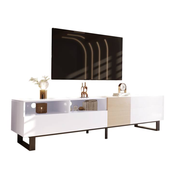 Modern TV Stand with Open Shelving, 2 Drawers and Drop-Down Door, , for TVs Up to 80 Inches, for Living Rooms and Bedrooms
