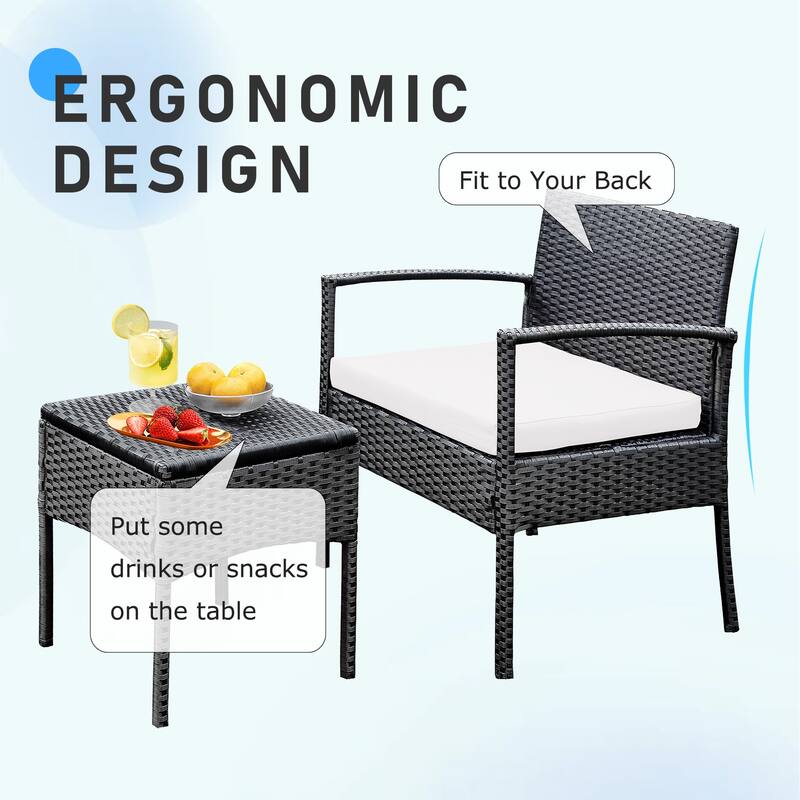 Outdoor Furniture 3 Piece Patio Bistro Furniture Set, Rattan Conversation Chairs Set with Side Table and Cushions