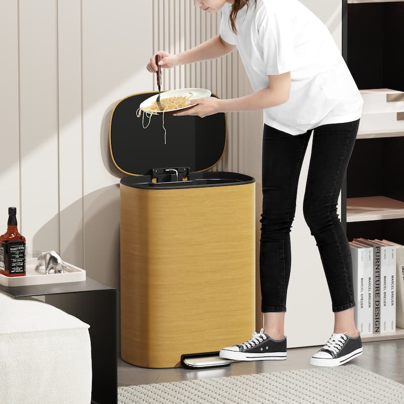 13 Gallon 50L Kitchen Foot Pedal Operated Soft Close Trash Can - Stainless Steel Ellipse Bustbin - Wood