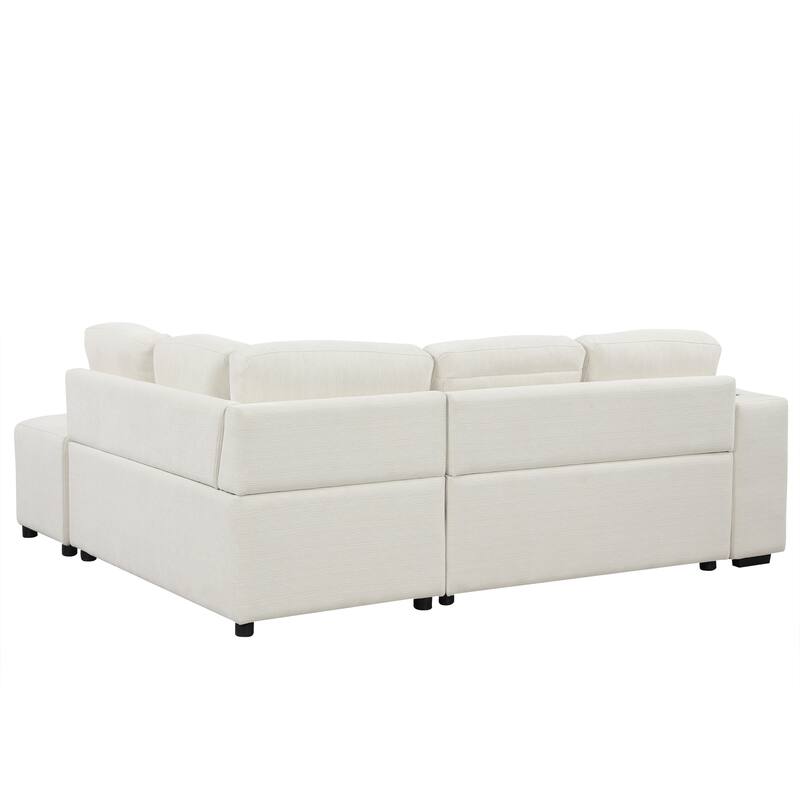 86.6" Chenille L-Shape Sleeper Sectional 4-Seat Convertible Sofa with Ottoman, USB Ports and Cup Holders