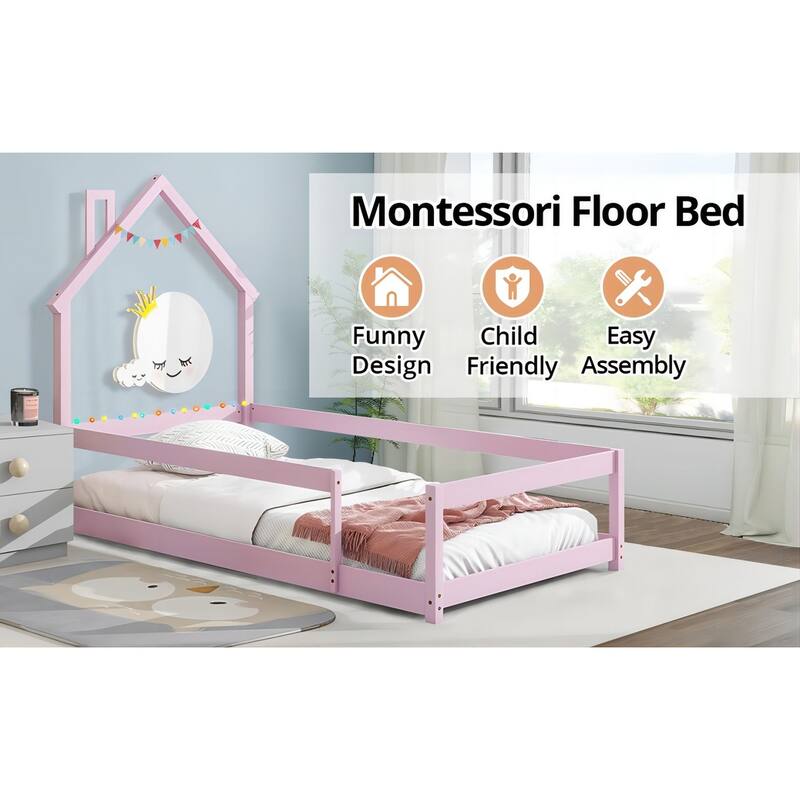 Twin Size House-Shaped Headboard Floor Bed with Fences