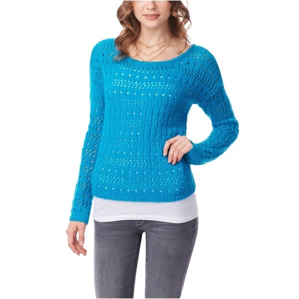 slide 1 of 7, Aeropostale Womens Crochet Pullover Knit Sweater, Blue, Large