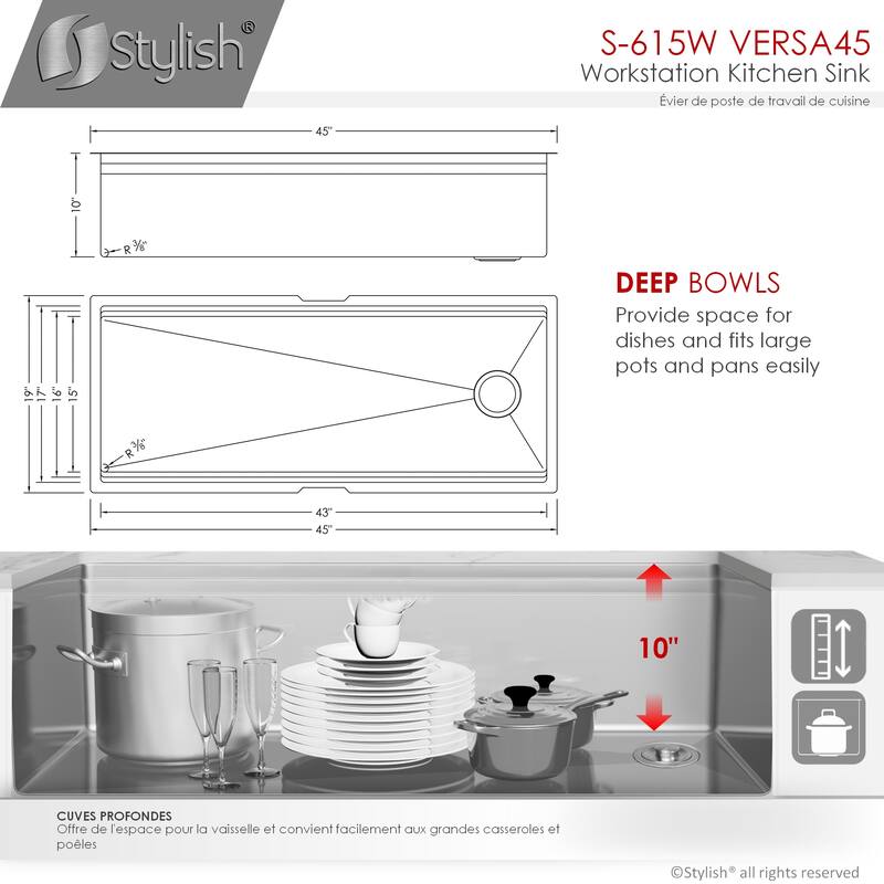 STYLISH 45 inches Ledge Workstation Single Bowl Undermount 16 Gauge Stainless Steel Kitchen Sink with Built in Accessories