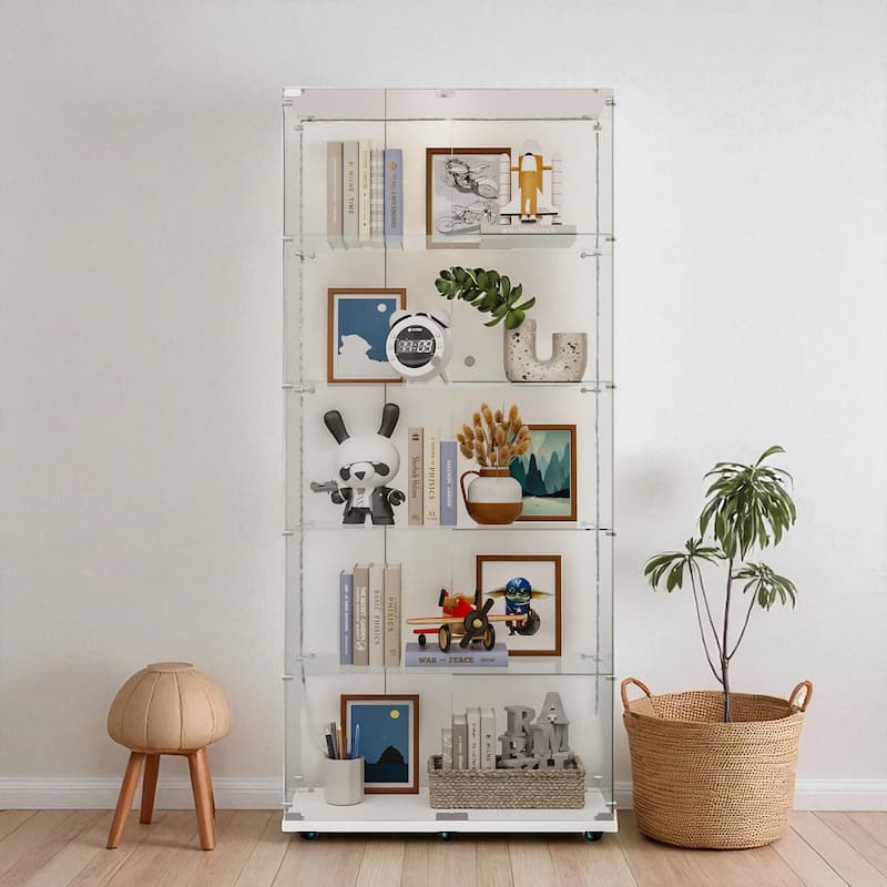 Tall Tempered Glass Storage Cabinet with Remote App LED Strip, Locking Door, Easy-Move Casters, Wine & File Display Case - White