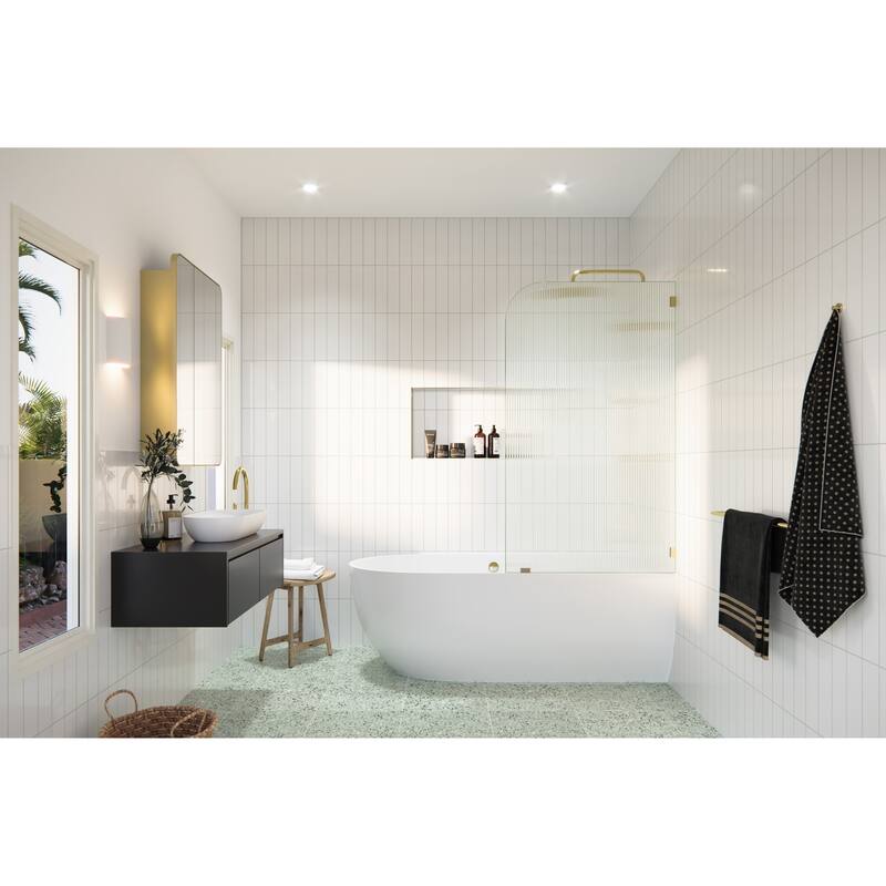 Aurora 58.25 in. x 30 in. Frameless Bath Shower Door - Single Fixed Panel Fluted Frosted Radius Right Hand