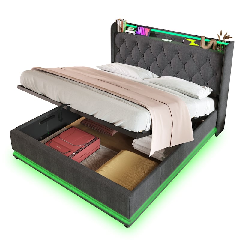 King Size Upholstered Bed with LED Function and USB Charging
