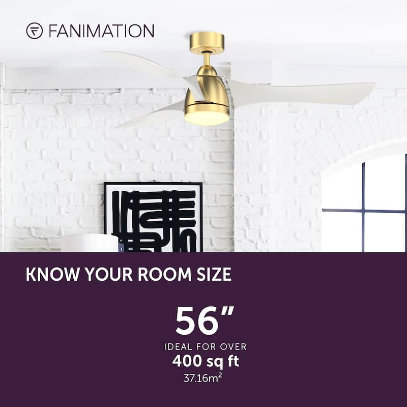 Fanimation Klear 56 inch Indoor/Outdoor Smart Ceiling Fan with LED CCT Select Light Kit and Remote - Brushed Satin Brass & White