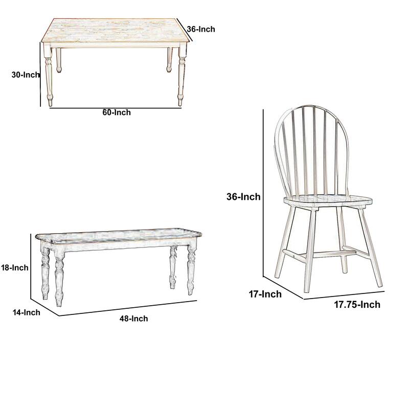6 Piece Farmhouse Wooden Dining Set, White and Brown