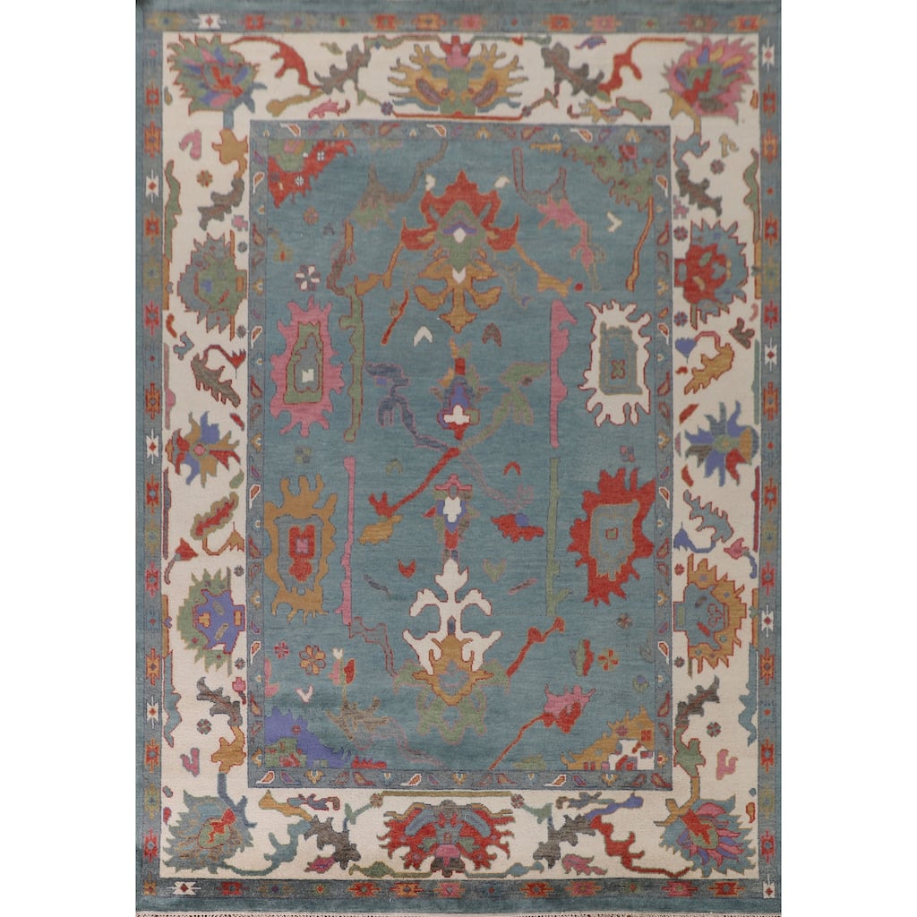 Floral Blue Oushak Indian Area Rug Handmade Wool Carpet - 9'3"x 12'0"