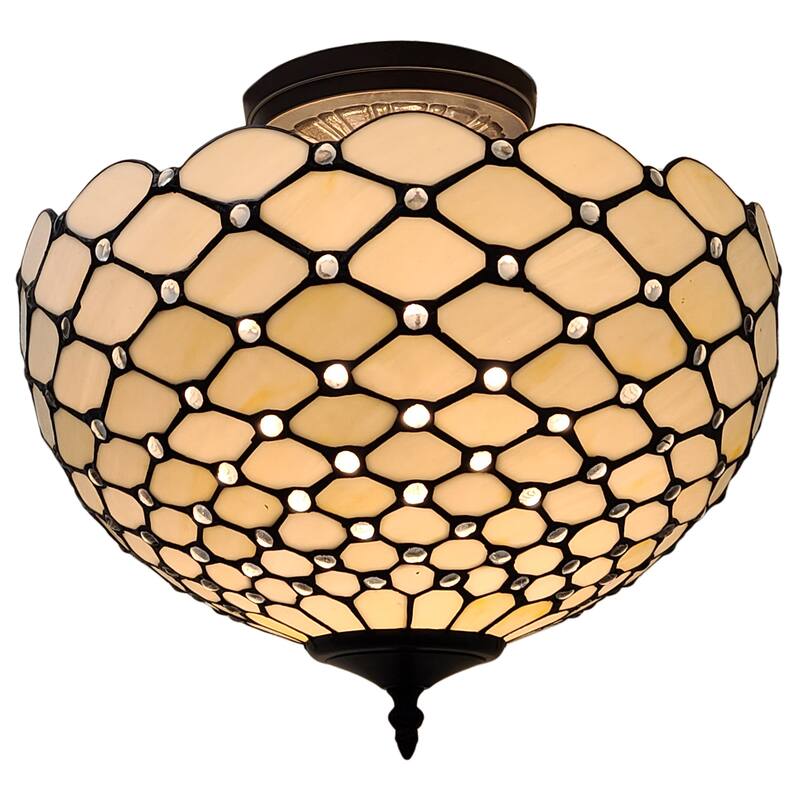 Tiffany Style Ceiling Fixture Lamp Jeweled Semi-Flush 16" Wide Stained Glass White Bedroom Gift AM086CL16B Amora Lighting