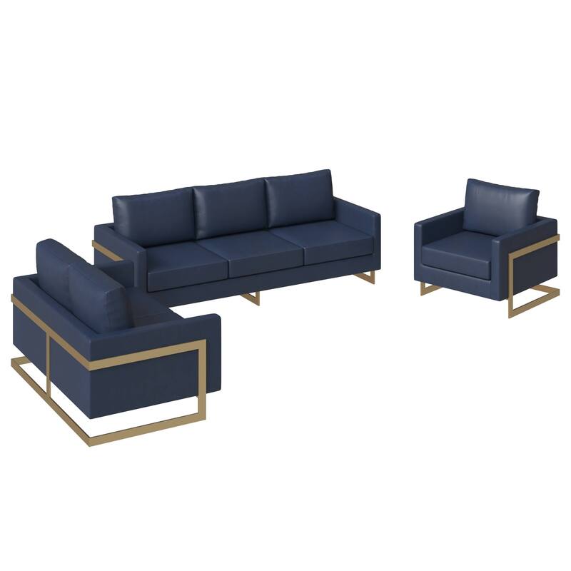 3-Piece Leather Sofa Set with Gold Stainless Steel Base and Removable Cushions