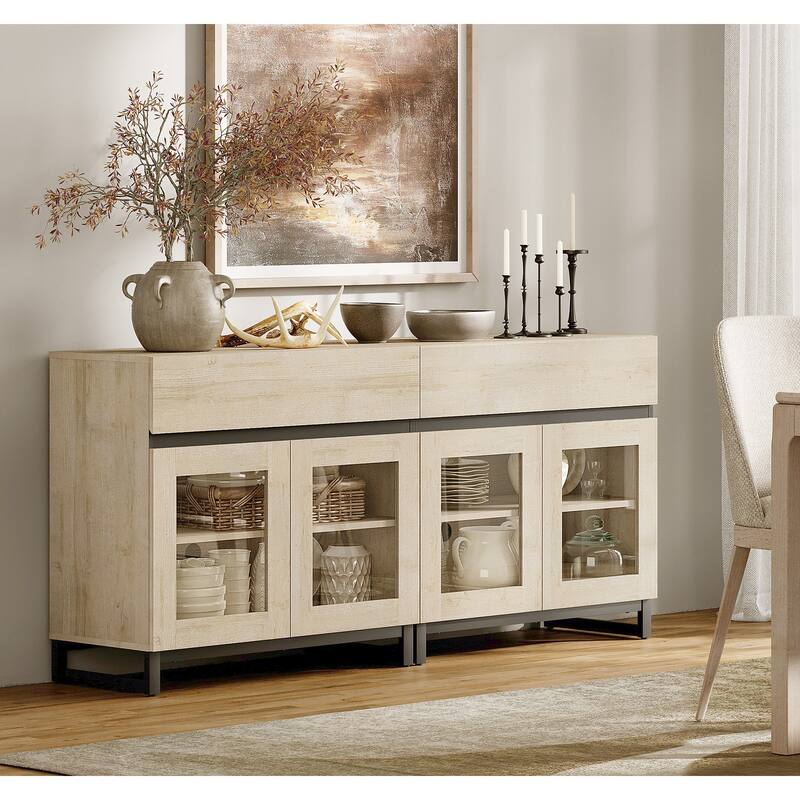WAMPAT Multifunctional Sideboard Buffet Cabinets with 6 Glass Doors and Drawers, Modern Sideboard, Coffee Bar Storage Cabinet - 2PACK - Beige