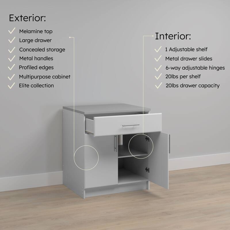 White 36" Cabinet with Adjustable Shelf, Storage Cabinet with Doors, Garage Cabinet with Drawer, Laundry Wood Cabinet - 36 Inch