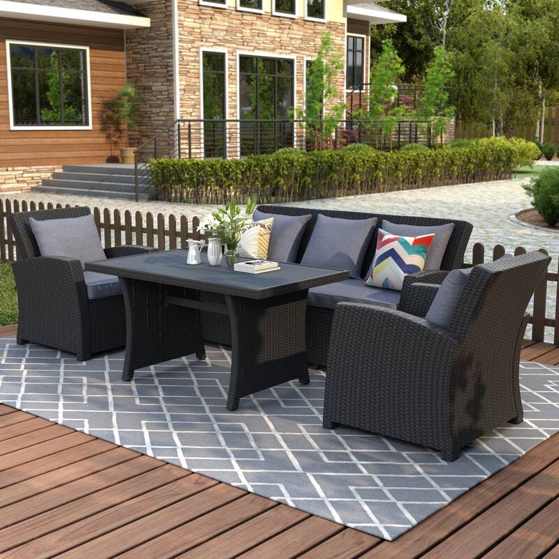 4Piece Outdoor Patio Furniture Set Conversation Set, Black PE Rattan