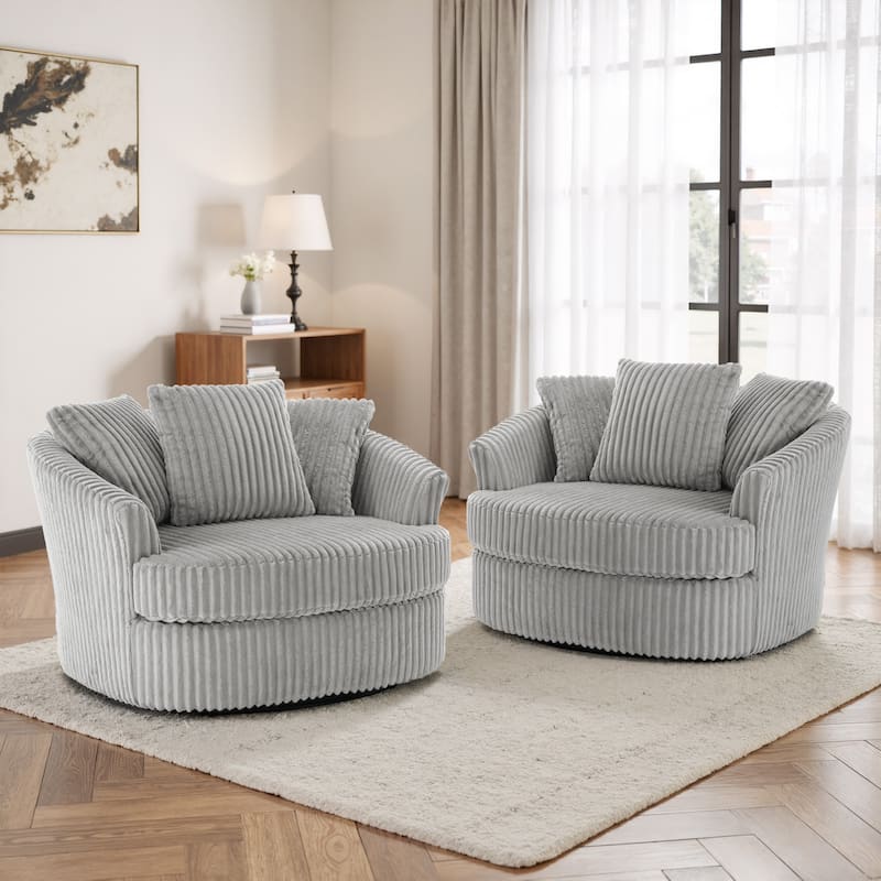 Oversized 43" W Plush Corduroy Slipcovered Swivel Barrel Chair with Pillows Set of 2 - Gray