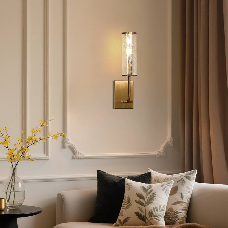 Modern Gold 1-Light Cylinder Glass Wall Sconce Bathroom Vanity Light - W 4.3" x H 16.7" x D 7.1"
