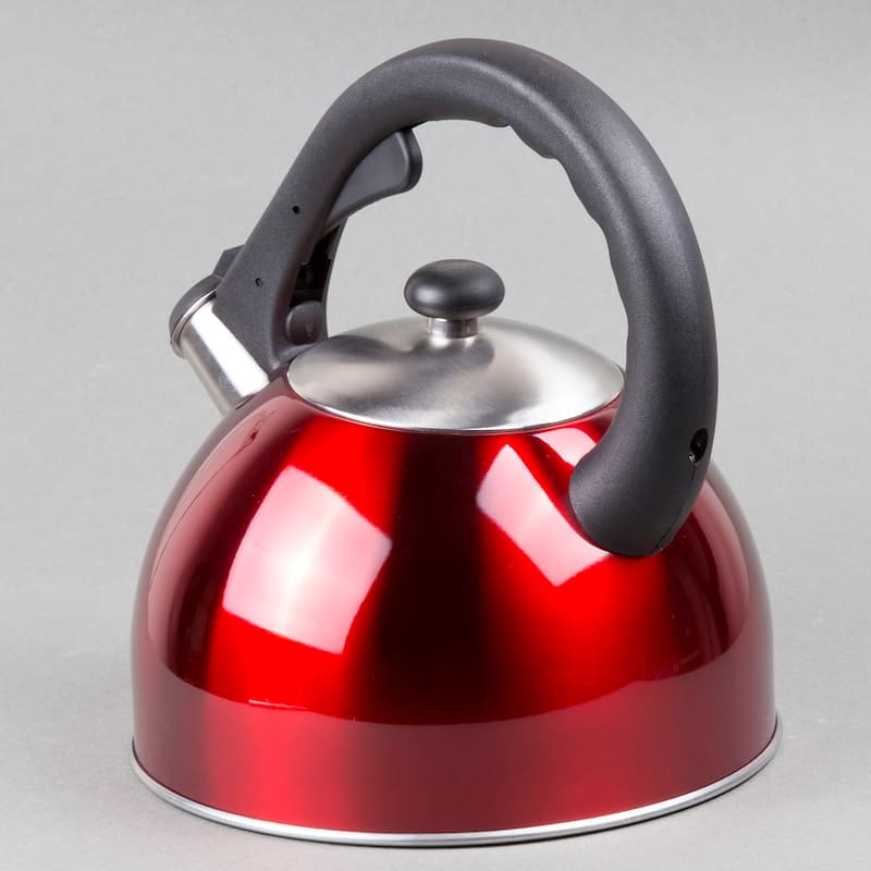 Creative Home Satin Splendor 2.8 Quart Stainless Steel Whistling Tea Kettle with Aluminum Capsulated Bottom, Metallic Cranberry