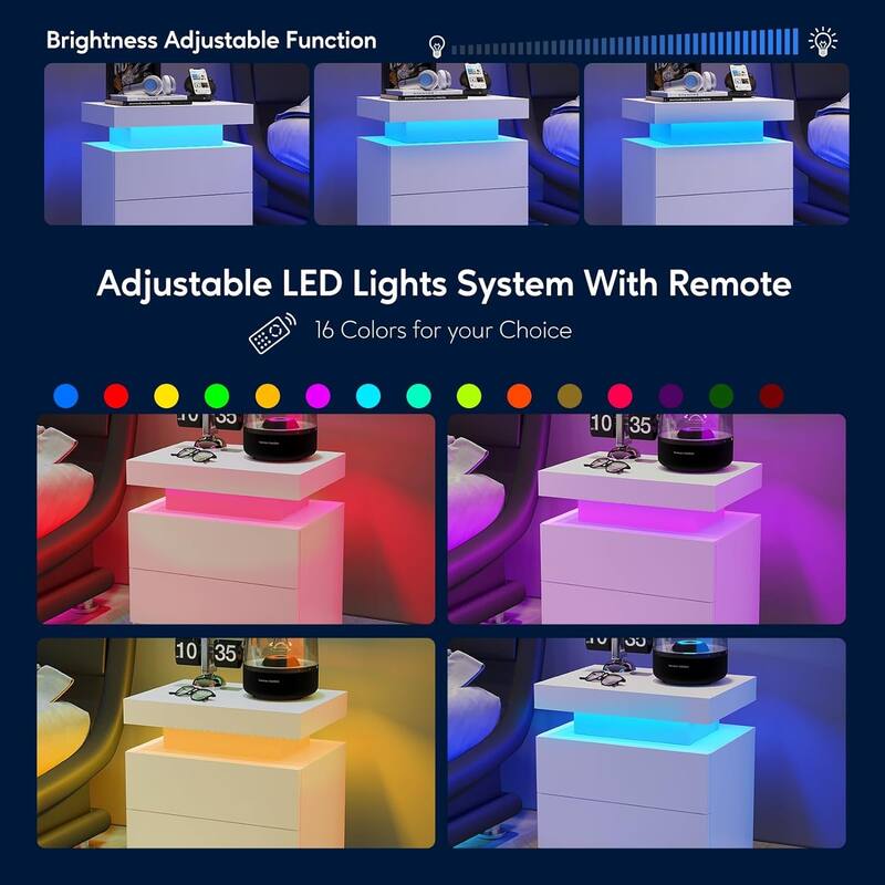 LED Nightstand with 2 Drawers for Bedroom