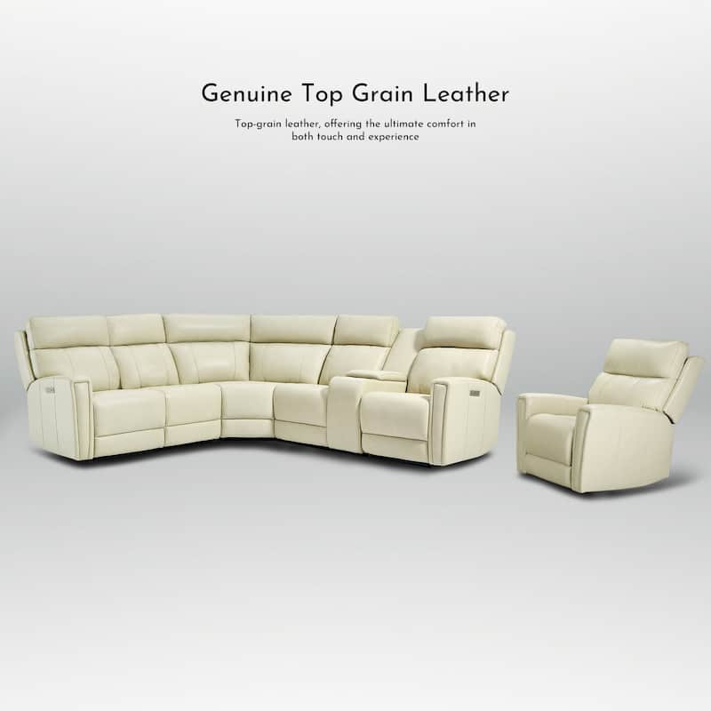 104" W 6 Seater Genuine Leather Power Sectional and 39" W Recliner Set with Zero Gravity, USB Ports, 2 Stationary Armlesschairs