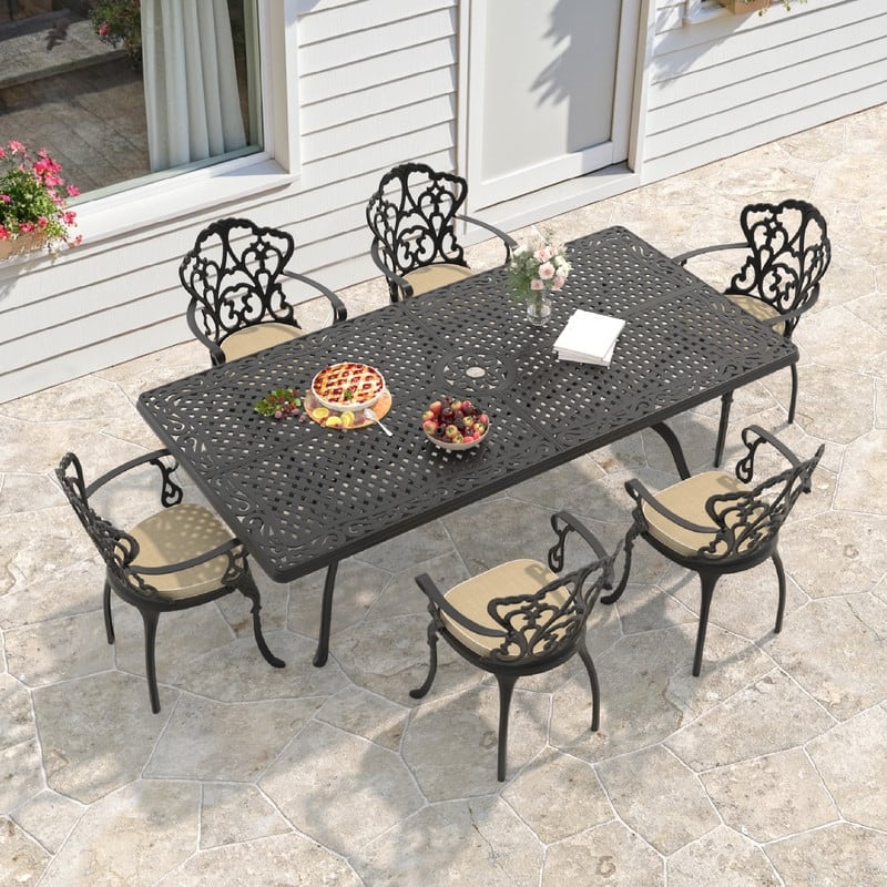 7/9-Piece Cast Aluminum Outdoor Dining Set with 82.68'' L X 41.34'' W Rectangular Table and Seat Cushions - Black(7-Piece Sets-C)