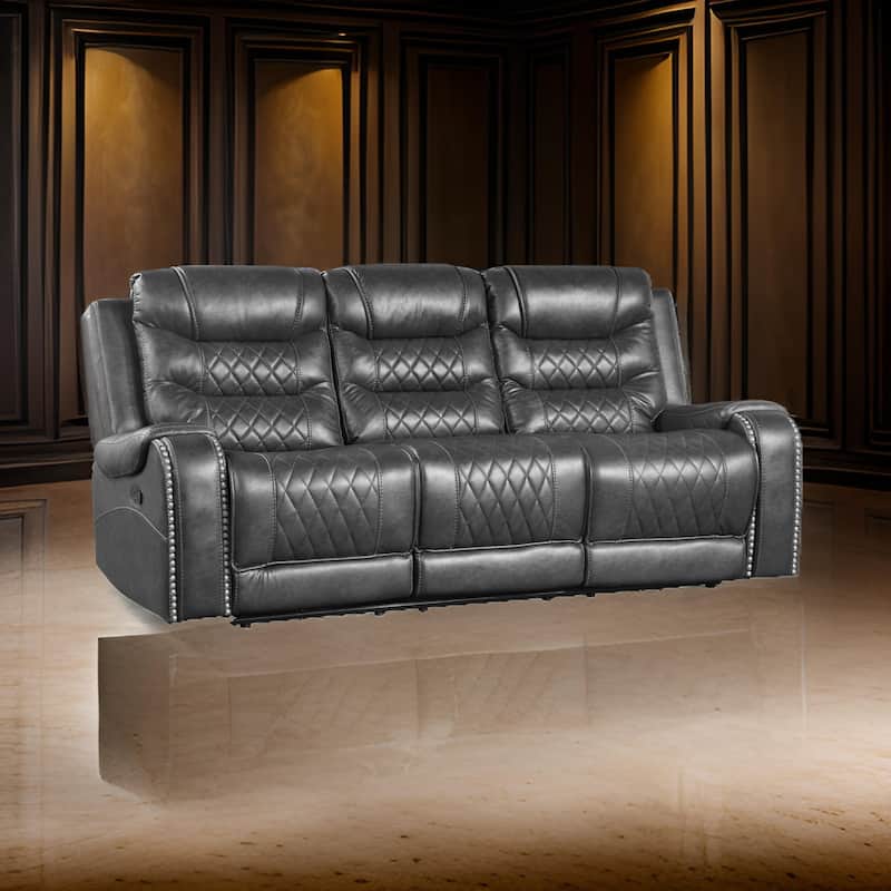 Paul 87 Inch Power Recliner Sofa, Drop Table Cupholders Gray Faux Leather