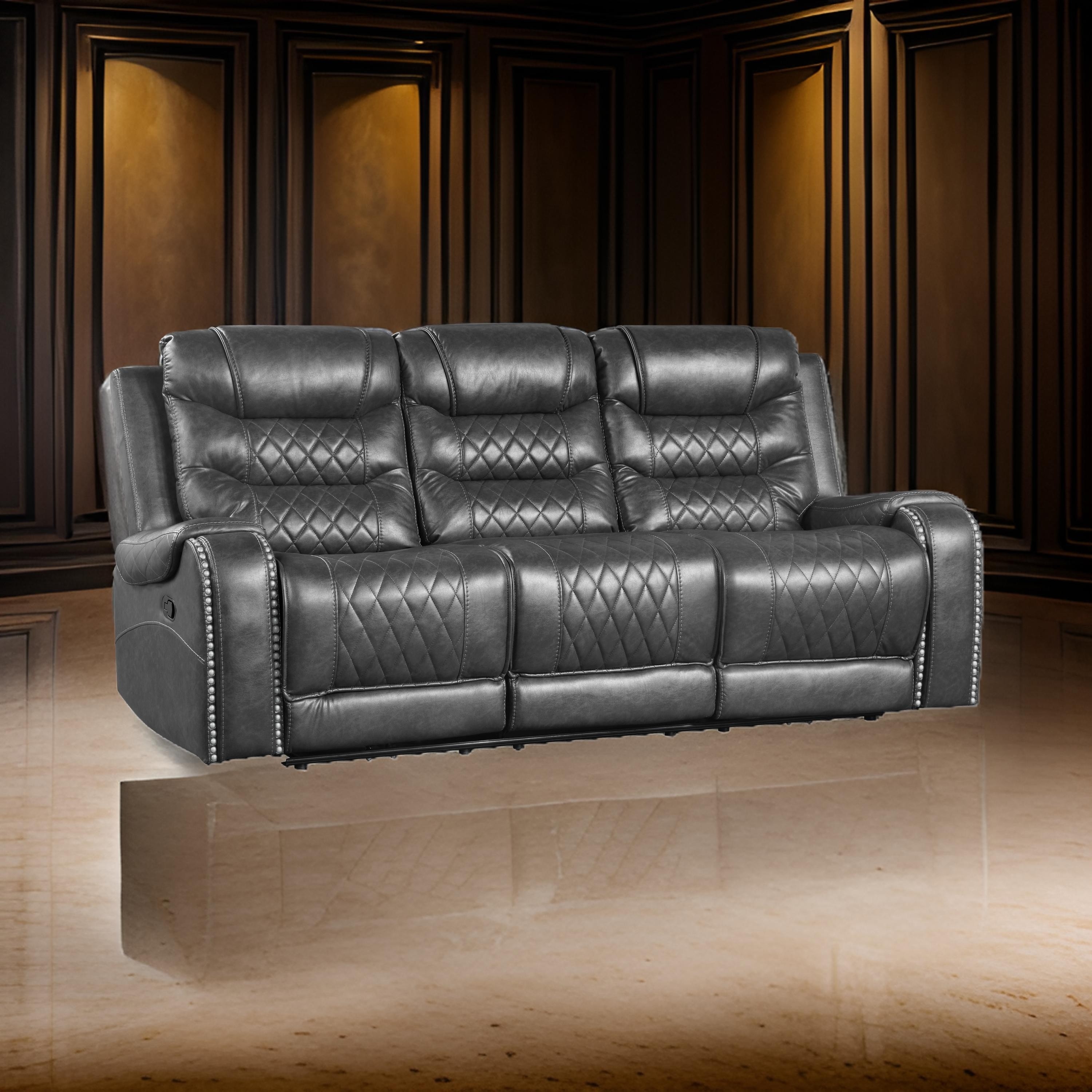Paul 87 Inch Power Recliner Sofa, Drop Table Cupholders Gray Faux Leather