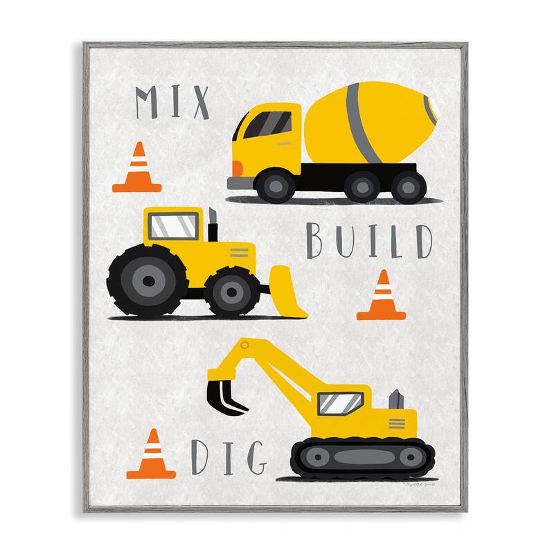 Stupell Mix Build Dig Trucks Framed Giclee Art Design By Elizabeth Tyndall - 11 x 14 - Grey