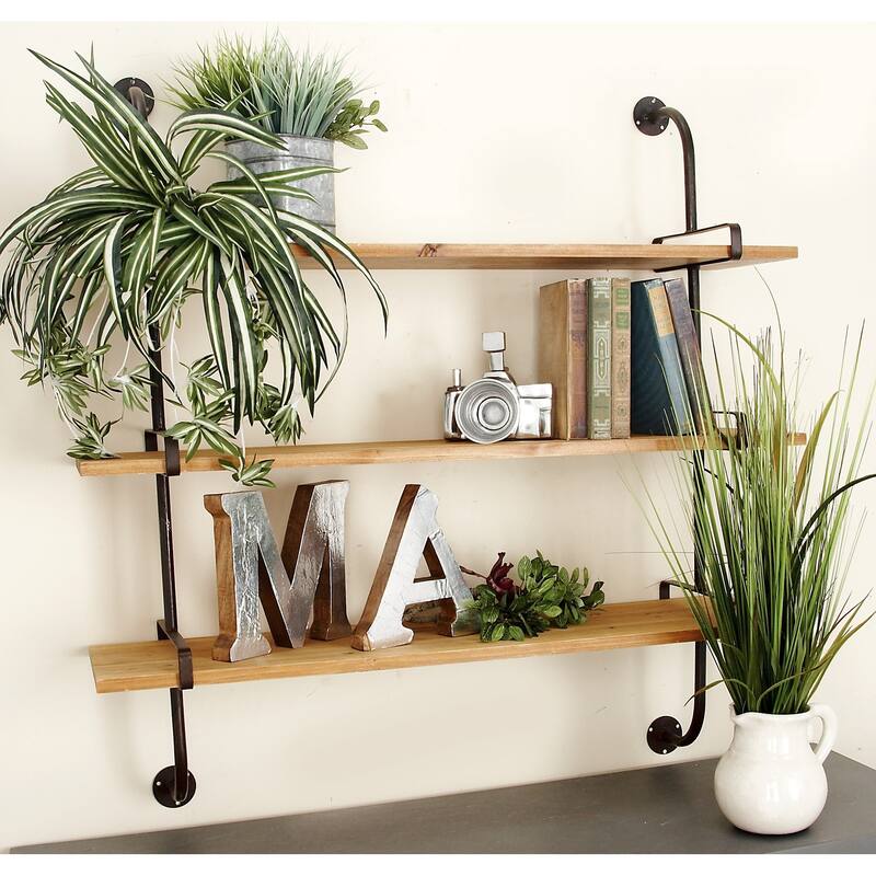 3 Level Wood Wall Shelf with Black Metal Brackets - Brown or Gray
