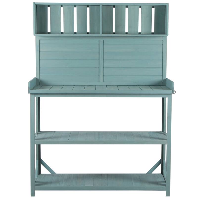 65" Large Wooden Rustic Outdoor Potting Bench Table, Patio Workstation,Garden Potting Bench with 4 Storage Shelves and Side Hook