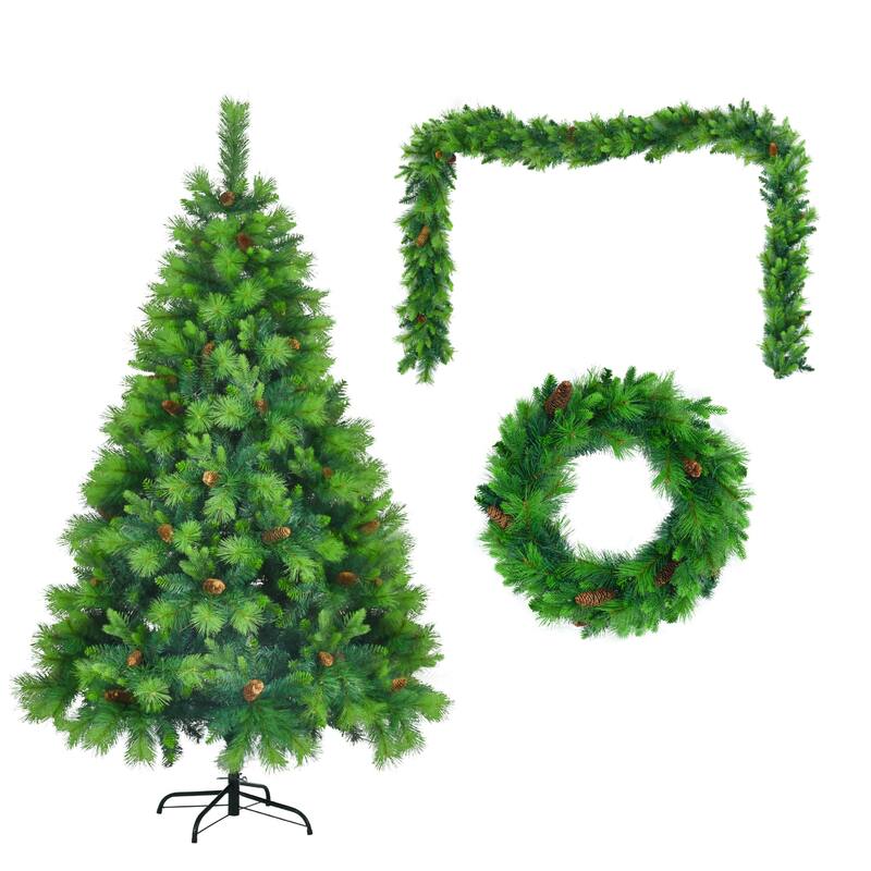 6FT Pre-Lit Christmas Tree with Garland & Wreath Set, LED Multi-Color & Warm Lights, Green and White Tips