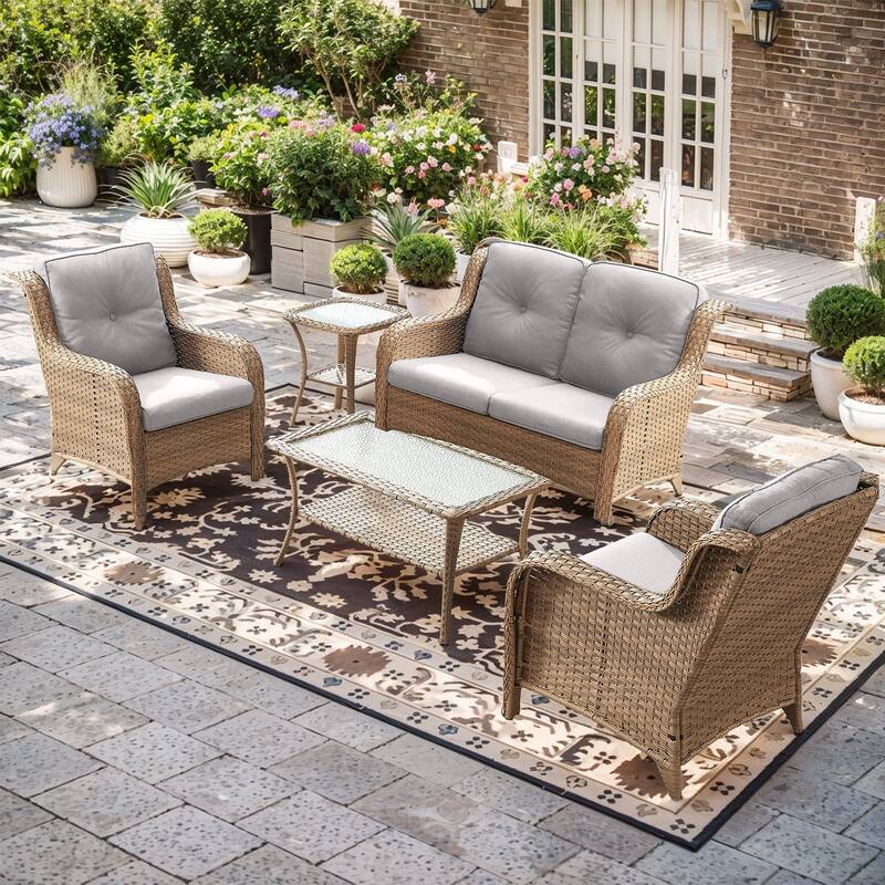 Outdoor Loveseat Sofa with Chair Ottoman Table - 5PCS - Sofa with Chair and Coffee Table - Yellow Rattan - Beige Cushion