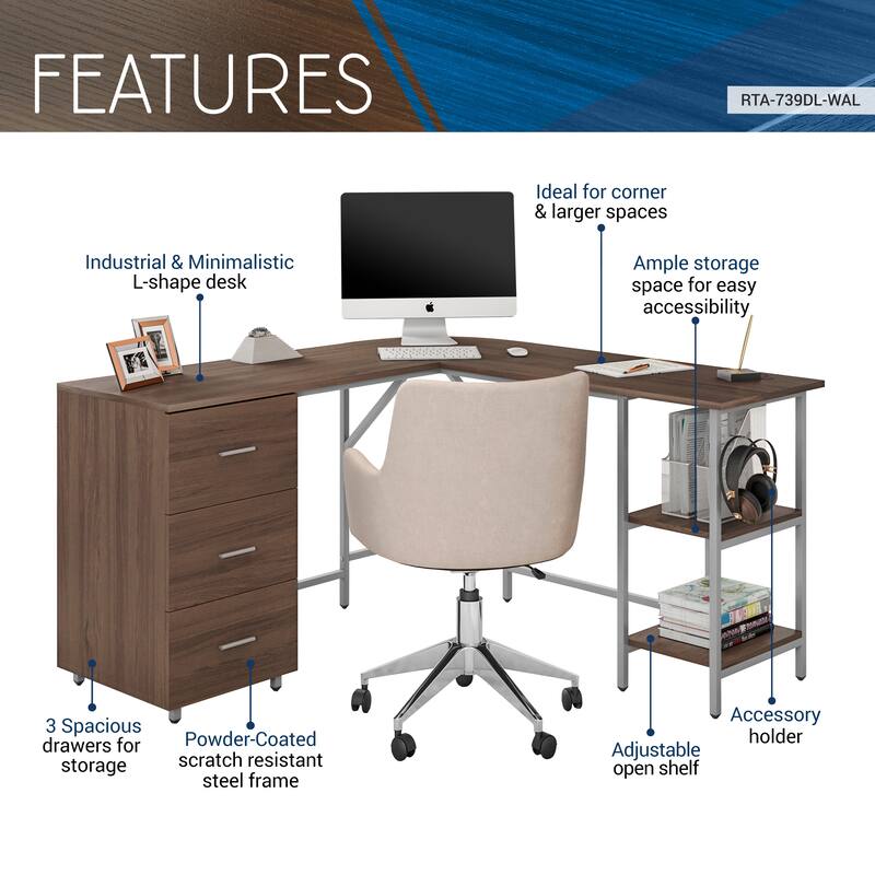 L-Shape Home Office Two Tone Desk with Storage, Walnut