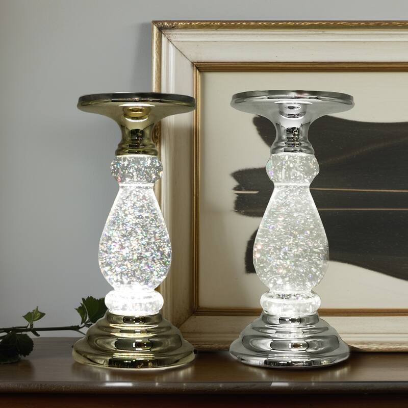 Swirling Glitter LED light-up pedestal candle holder with On/Off switch.(Set of 2) - Gold & Silver
