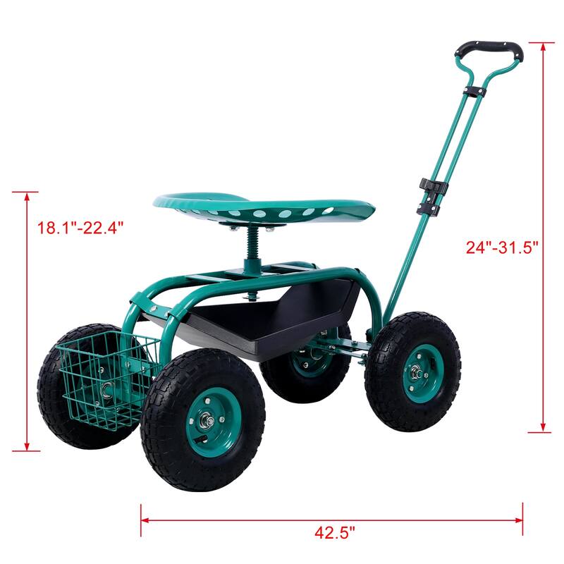 Rolling Garden Scooter Garden Cart Seat with Wheels and Tool Tray, 360 Swivel Seat