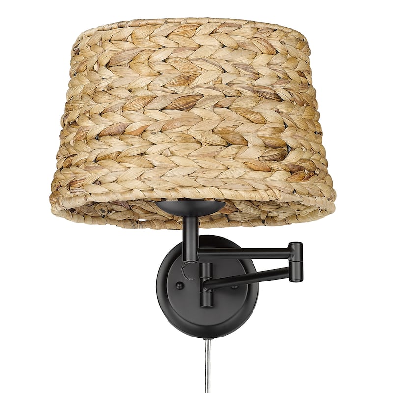Wry Lighting Eleanor 1-light Swing Arm Wall Lamp in Matte Black and Woven Sweet Grass shade