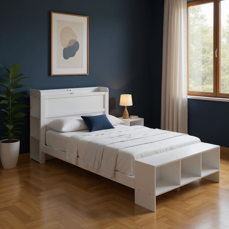 HomeRoots White Wood Twin Bed Frame With USB - Twin