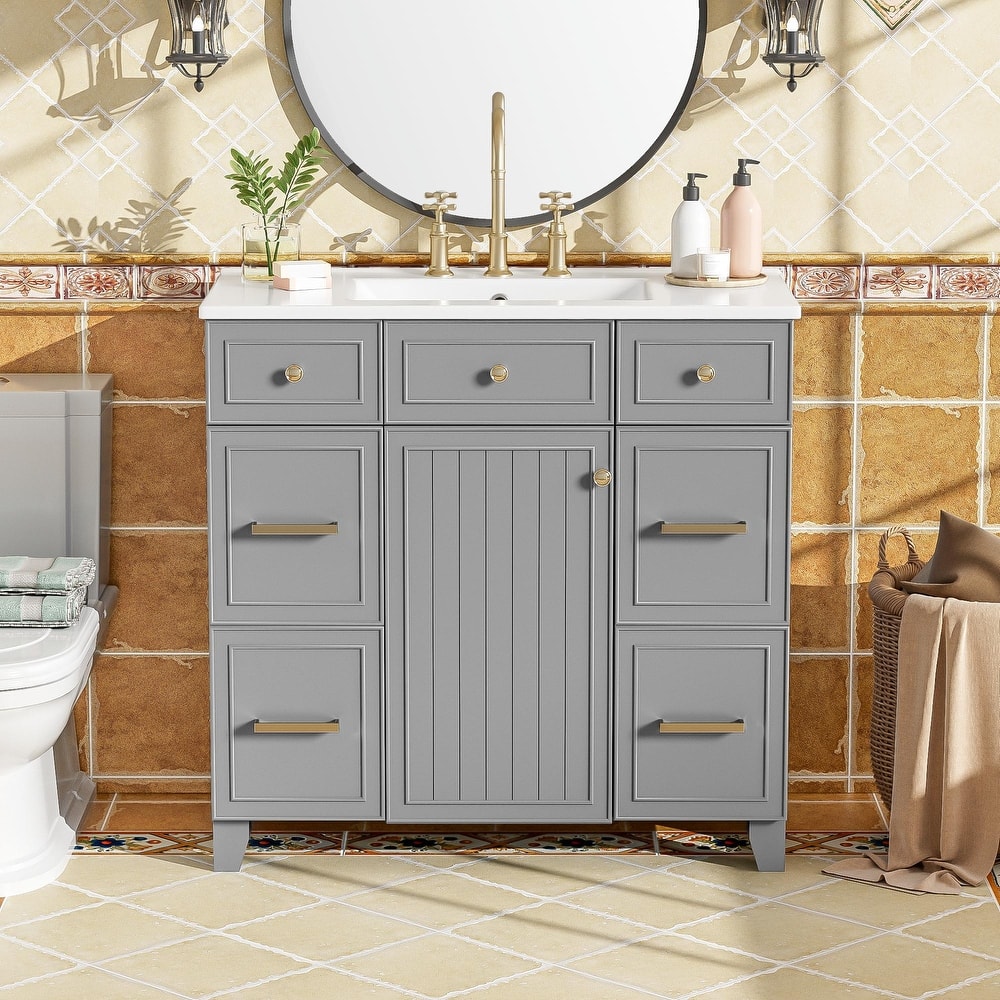 36" Bathroom Vanity with Ceramic Sink, Blue, Solid Wood Frame, Soft-Close Doors, Adjustable Shelves